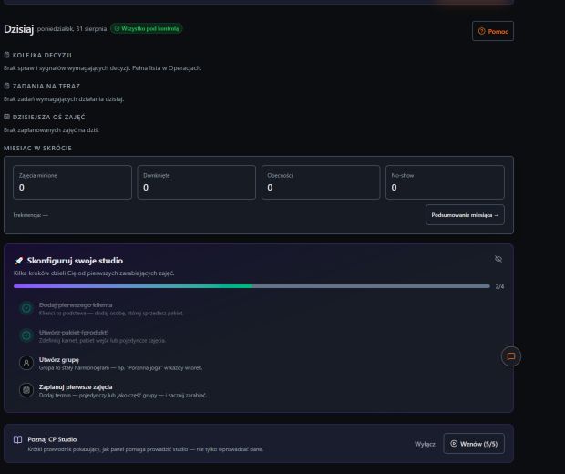 The Create Progress Studio (CP Studio) panel with the list of first setup steps
